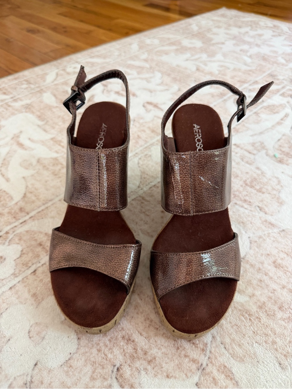 AEROSOLES Shimmery Chocolate Brown Slingback Wedge Sandals